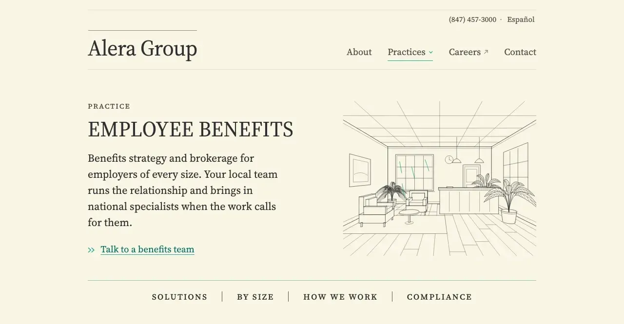 The live Employee Benefits page on cream paper: the masthead, the EMPLOYEE BENEFITS heading and its introduction beside an ink drawing of a benefits office reception, and the page’s own index row: Solutions, By size, How we work, Compliance.