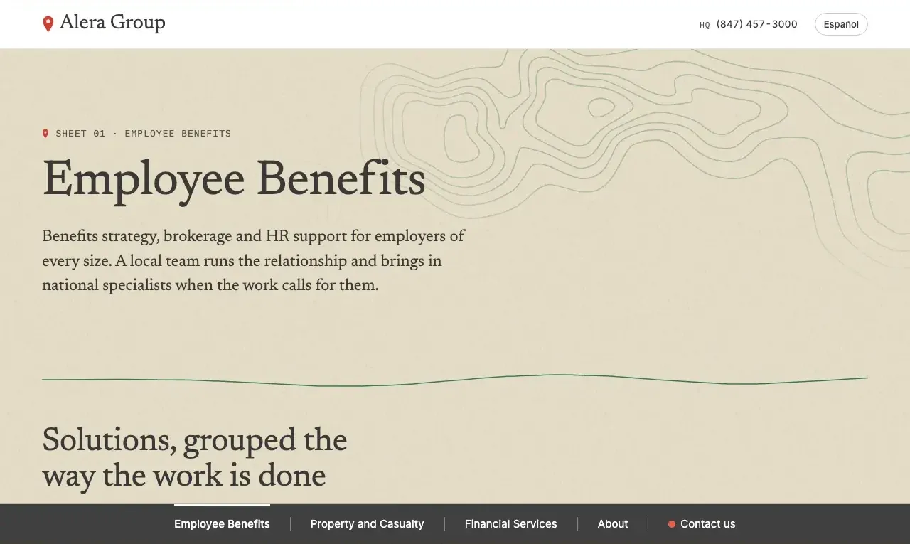 The live Employee Benefits page as a survey sheet: the white top bar, the title Employee Benefits and its introduction over faint contour lines, a green contour divider, and the charcoal navigation bar along the bottom.