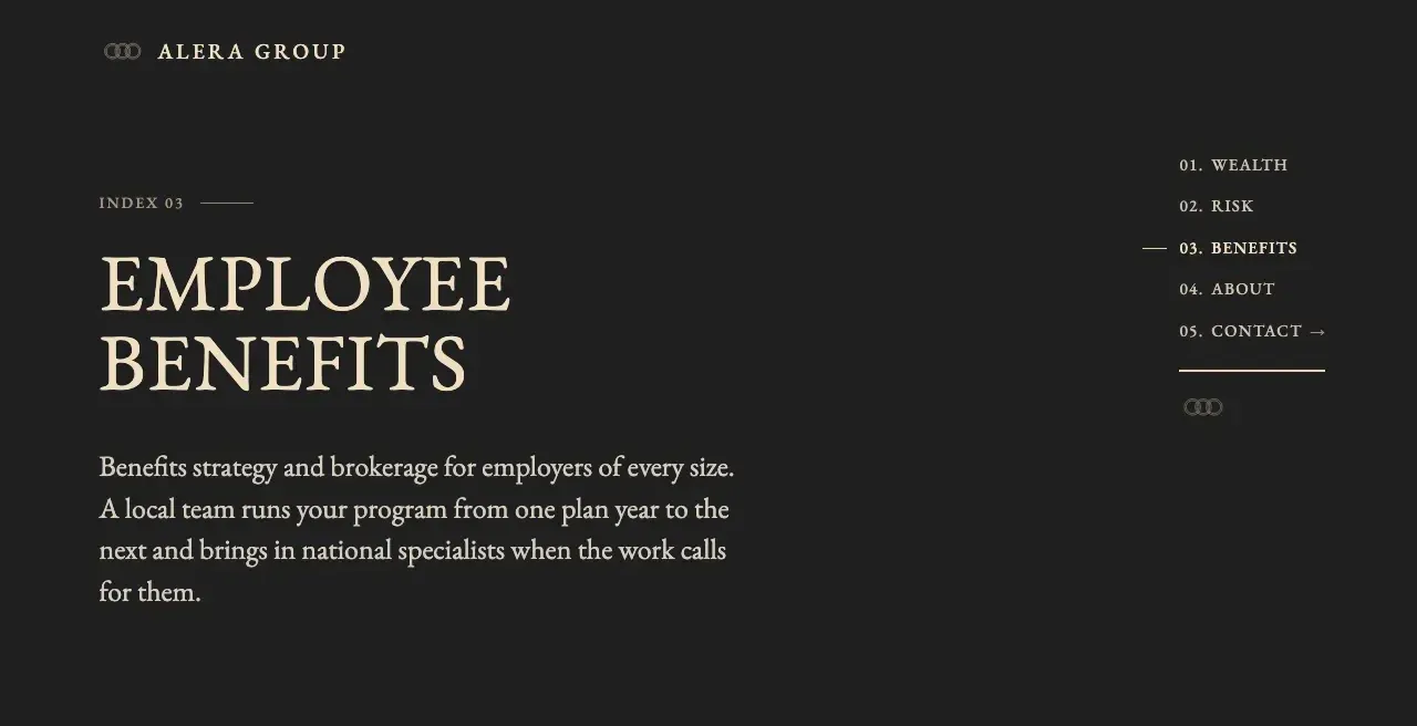 The live Employee Benefits page in black and bone: EMPLOYEE BENEFITS in large serif capitals beside the numbered index, with 03. Benefits marked as the current page, over the page’s short introduction.